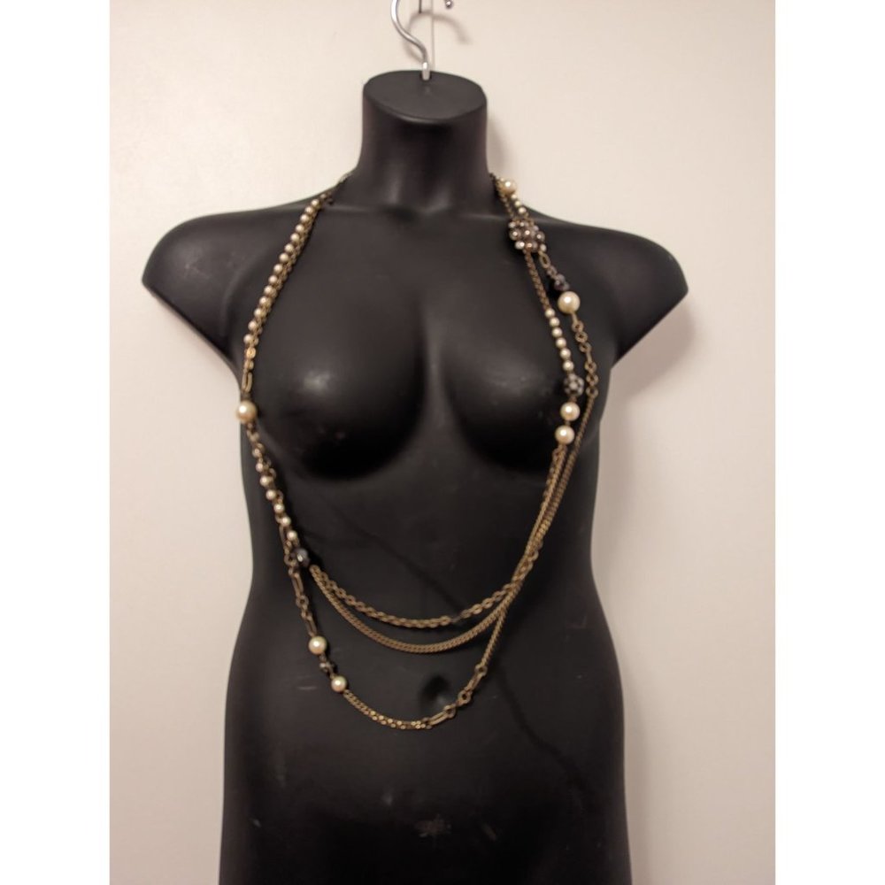 VTG Lia‎ Sophia 48 inch Necklace two strand white & black pearl statement gold